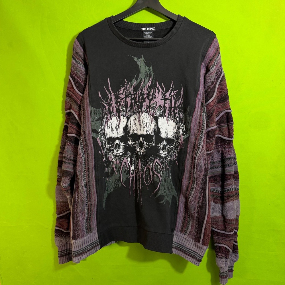 Hot Topic Skull Destroy Chaos Mixed Knit Graphic Sweatshirt Mens XL Black Purple